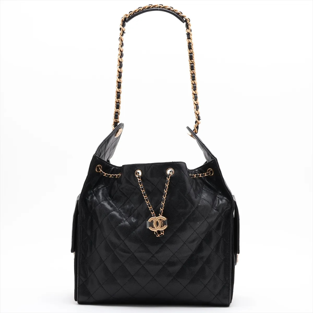 Chanel Chanel 25 Medium Caviar Skin Chain Shoulder Bag Black Gold Metal Fittings