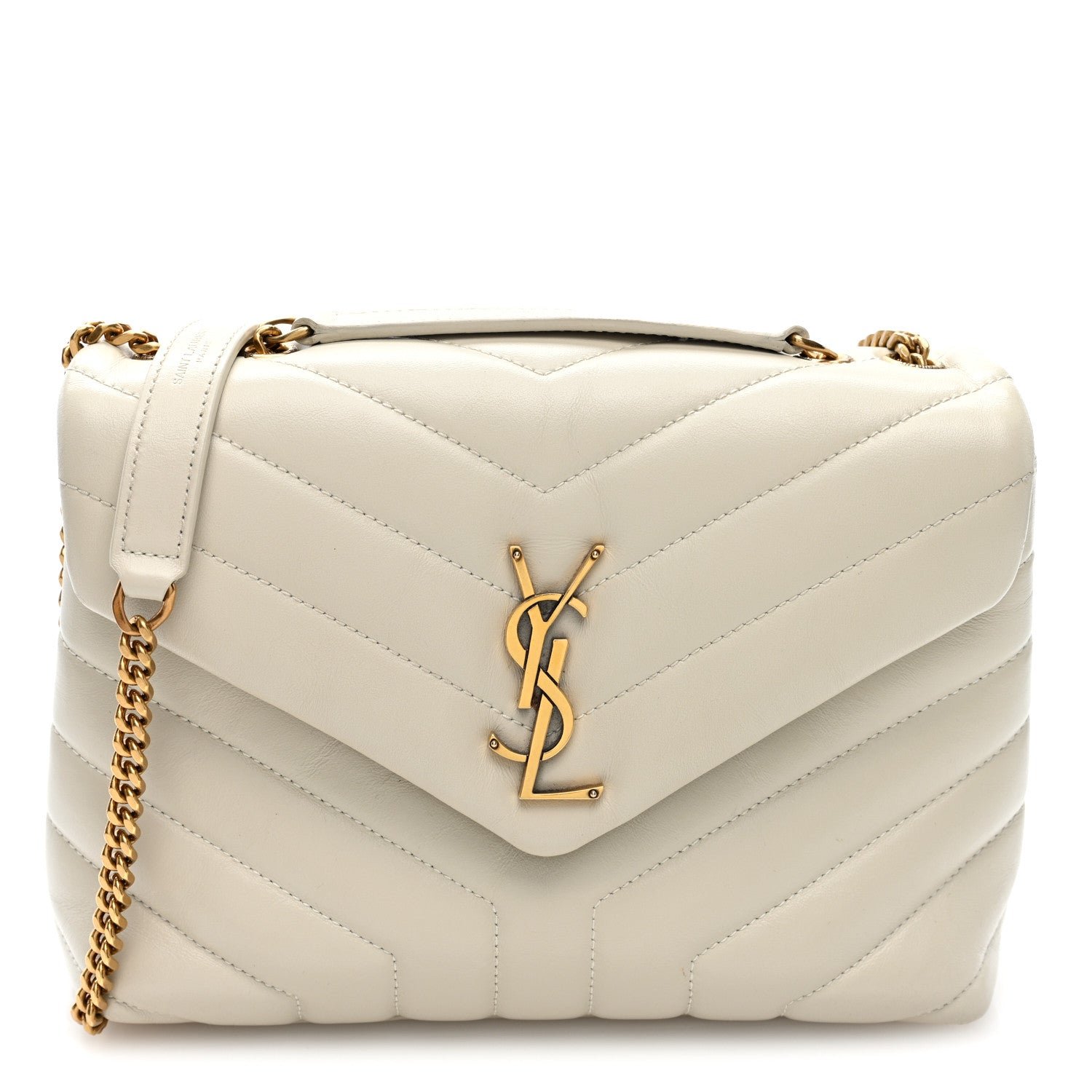 Saint Laurent Calfskin Y Quilted Monogram Small Loulou Chain Satchel Crema Soft