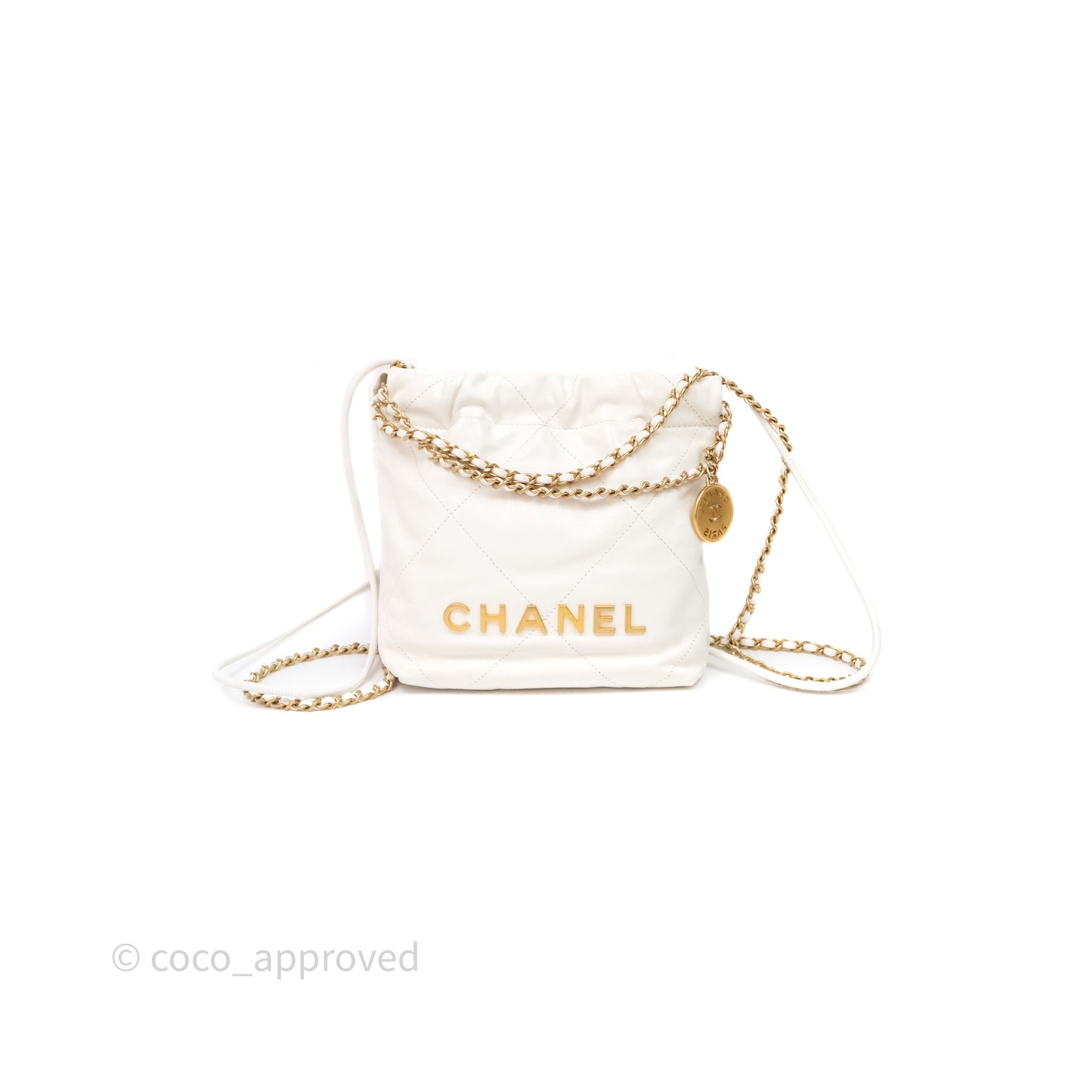 Chanel 22 Mini Bag White Shiny Crumpled Calfskin Aged Gold Hardware