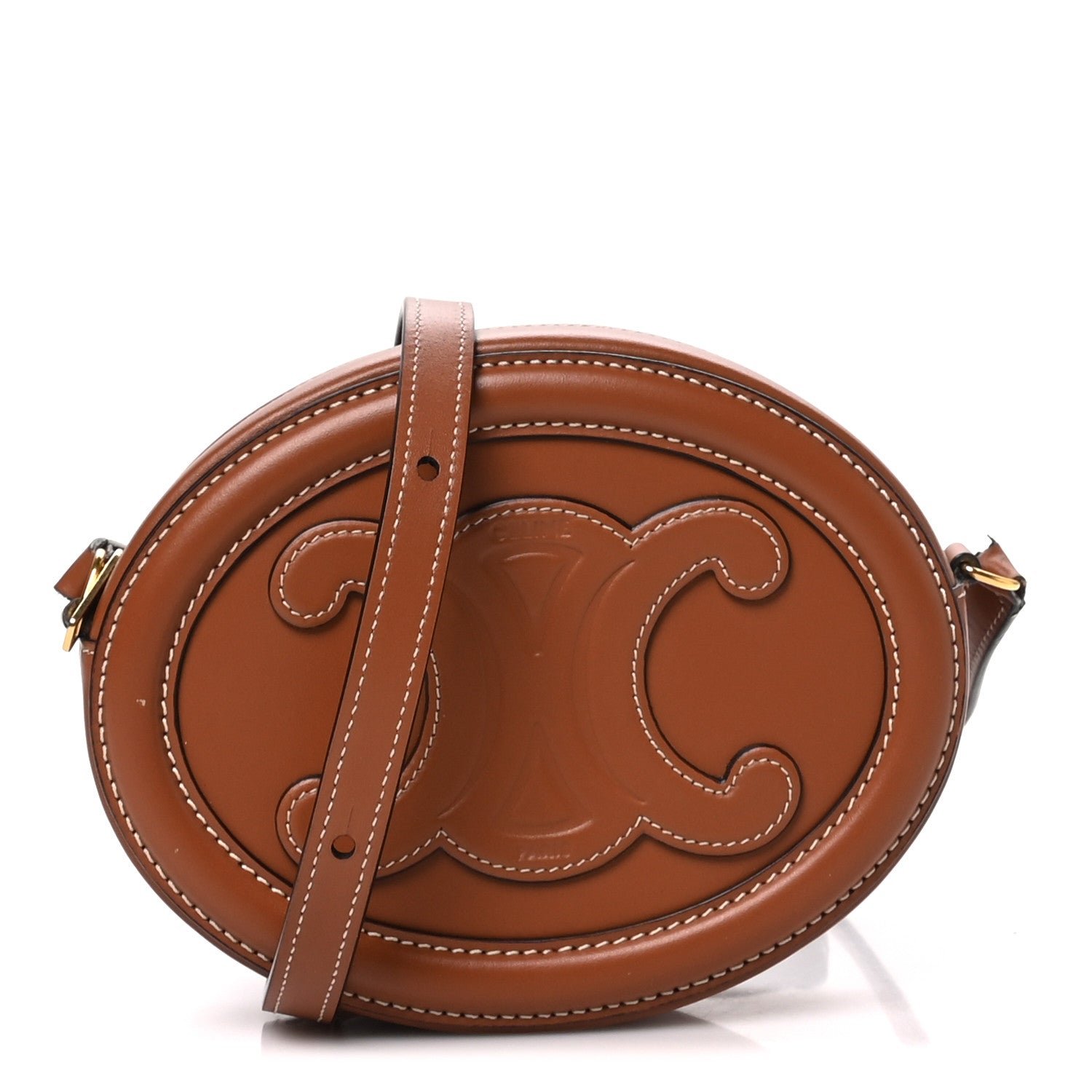 Celine Smooth Calfskin Cuir Small Triomphe Oval Crossbody Purse Tan