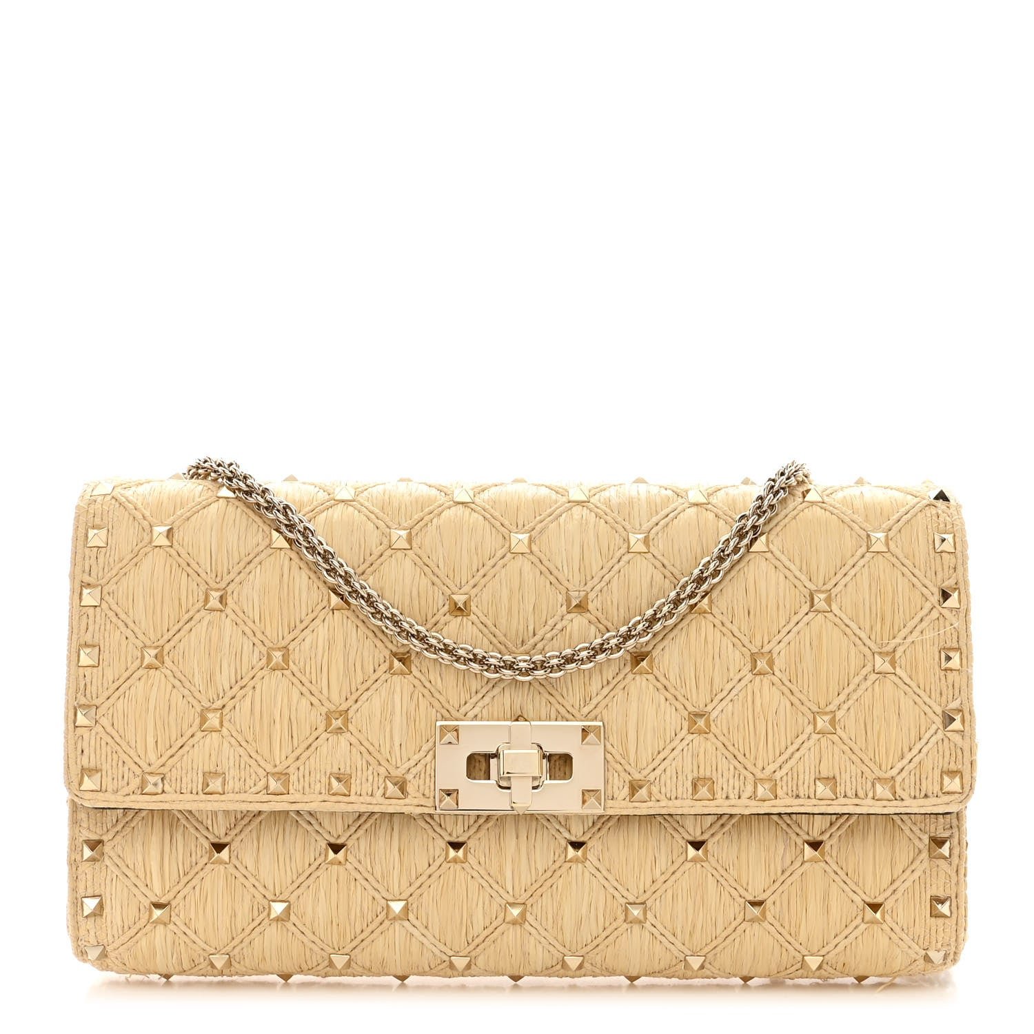 Valentino Garavani Raffia Lambskin Rockstud Spike Wallet on Chain Naturale