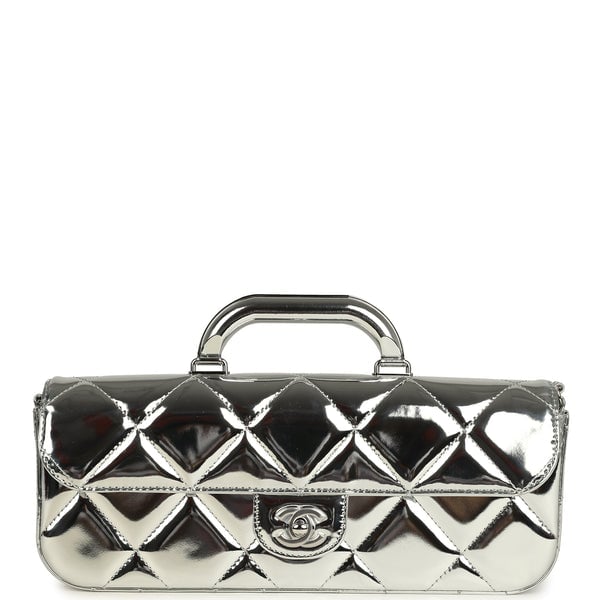 Chanel Large Top Handle Long Flap Bag with Chain Silver Mirror Calfskin Silver Hardware