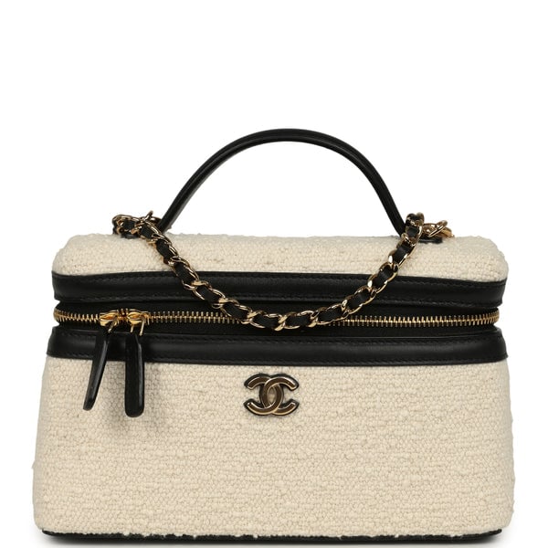 Chanel Coco Beach Top Handle Long Vanity Case with Chain Ecru Tweed and Black Calfskin Gold Hardware
