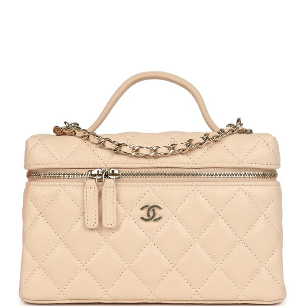 Chanel Chanel Top Handle Long Vanity Case with Chain Light Beige Shiny Caviar Light Gold Hardware