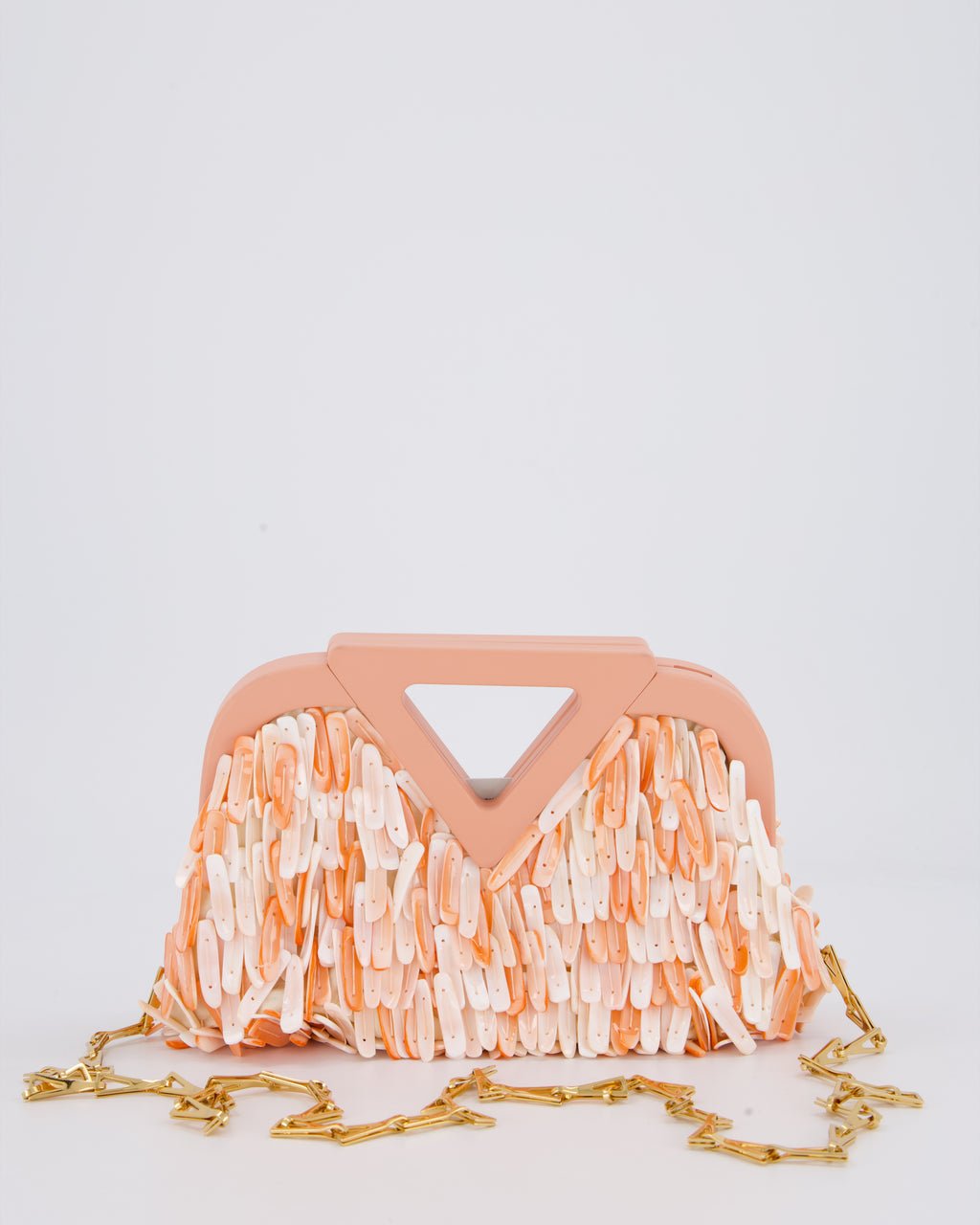 Bottega Veneta Shell Fringe Point Bag in Coral Lambskin Leather and White and Coral Shells with Gold Hardware