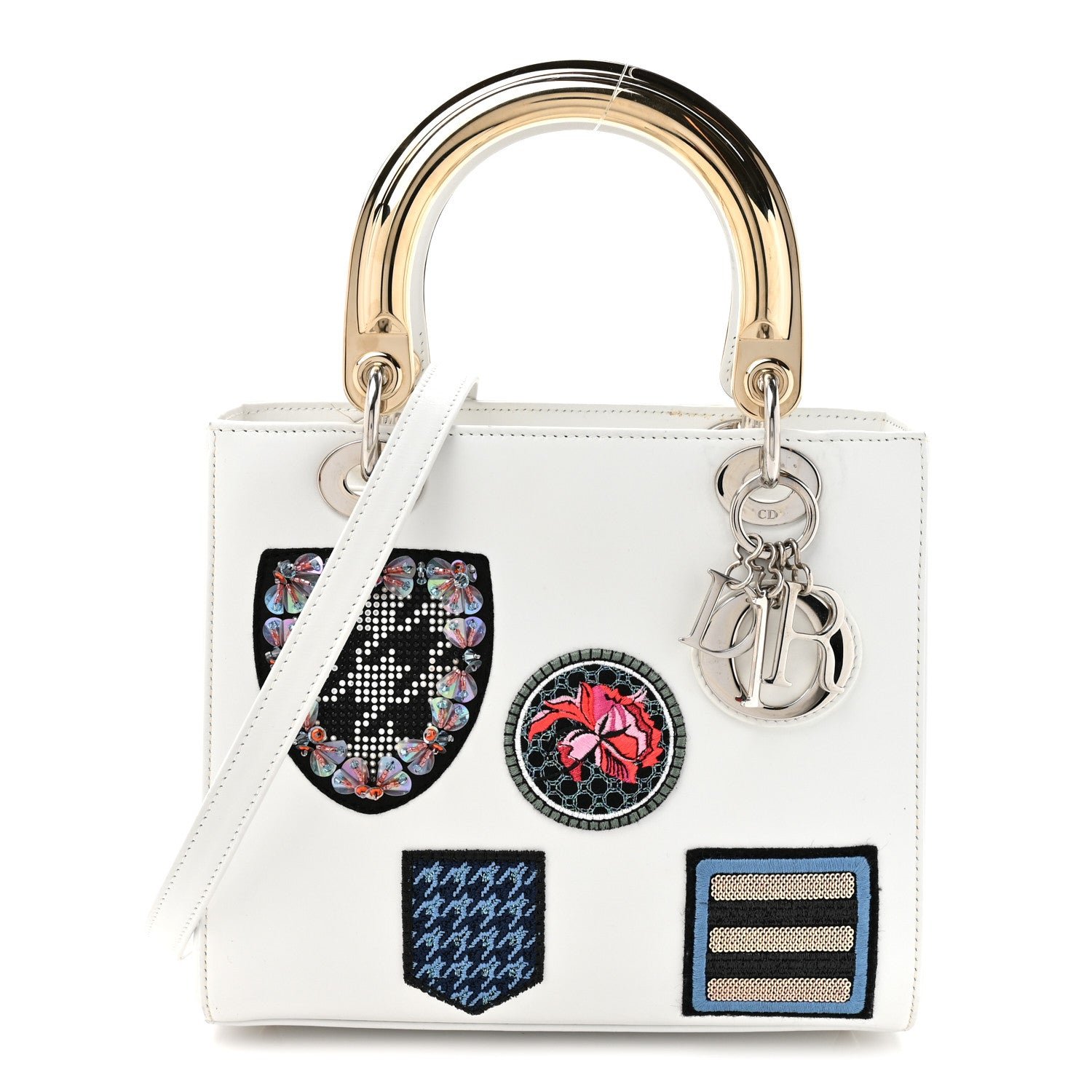 Dior Calfskin Patch Embellished Medium Lady Dior White