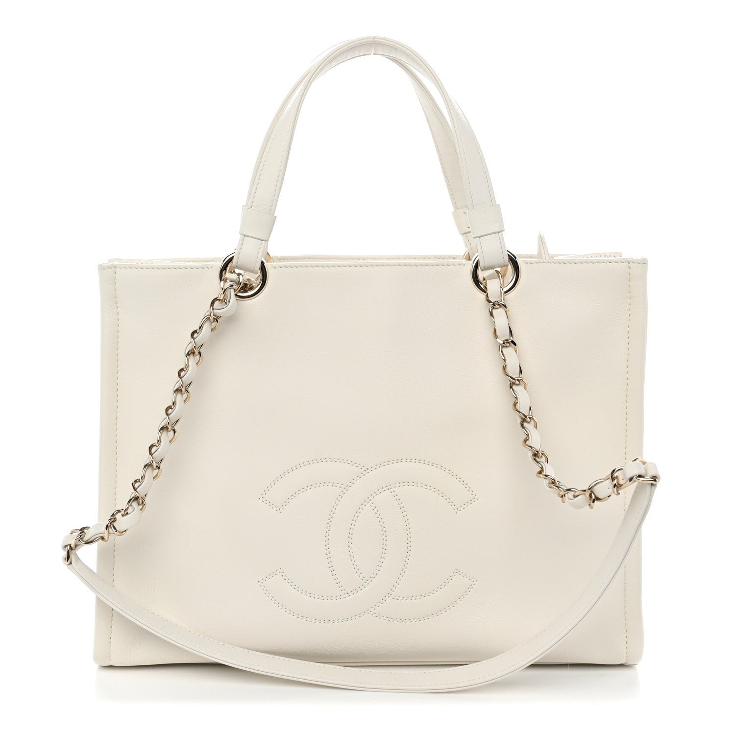 Chanel Calfskin CC Zipped Shopping Tote White