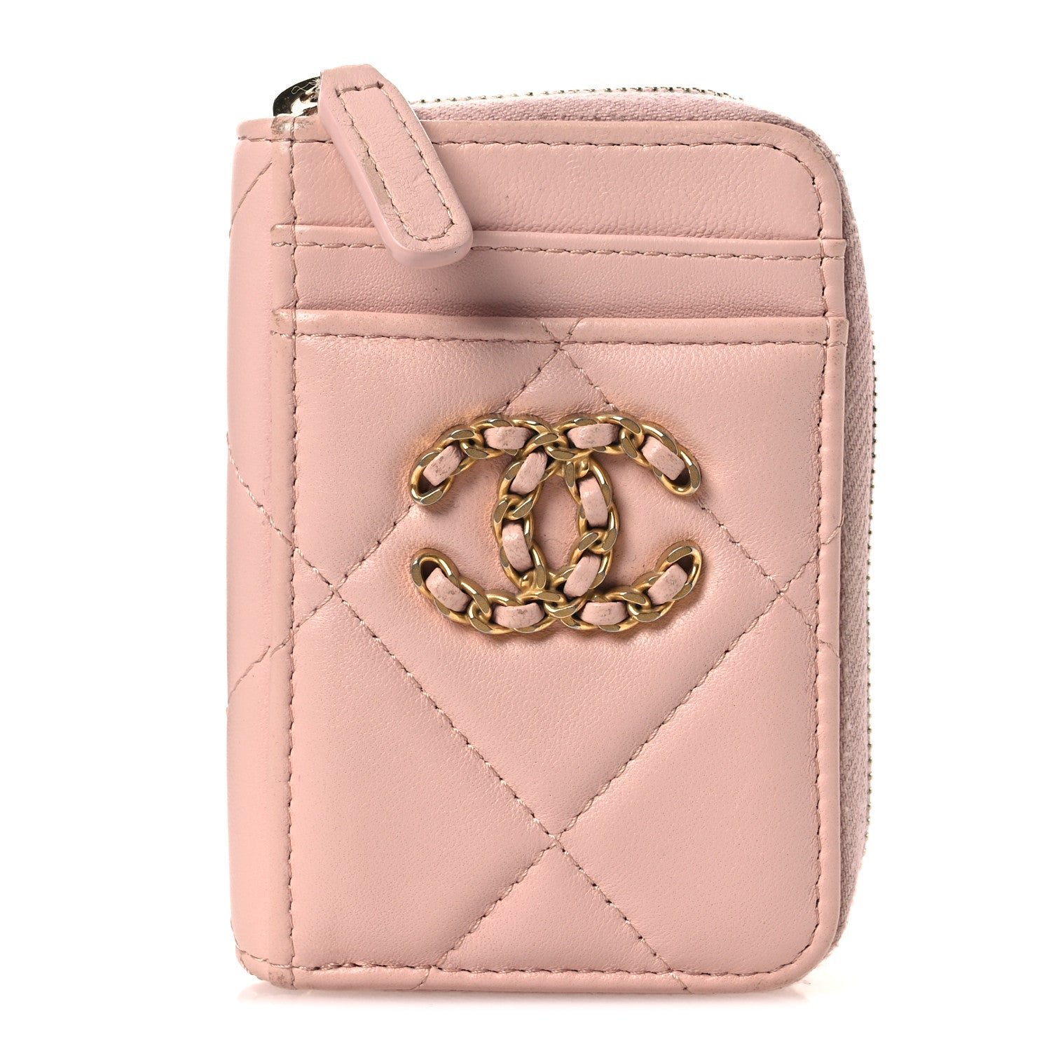 Chanel Lambskin Quilted Chanel 19 Vertical Zip Card Holder Wallet Light Pink