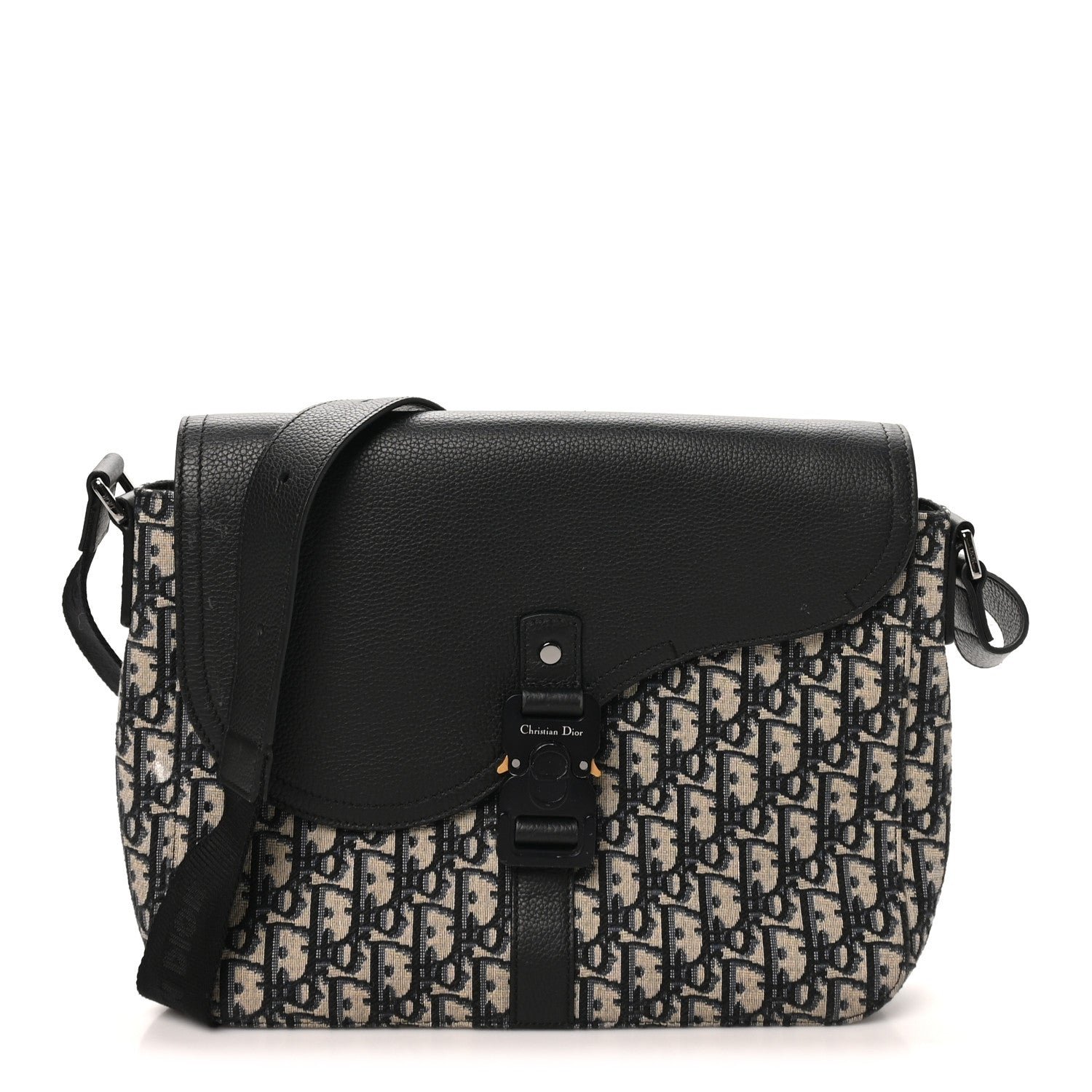 Christian Dior Oblique Jacquard Grained Calfskin Medium Saddle Messenger Bag Beige Black