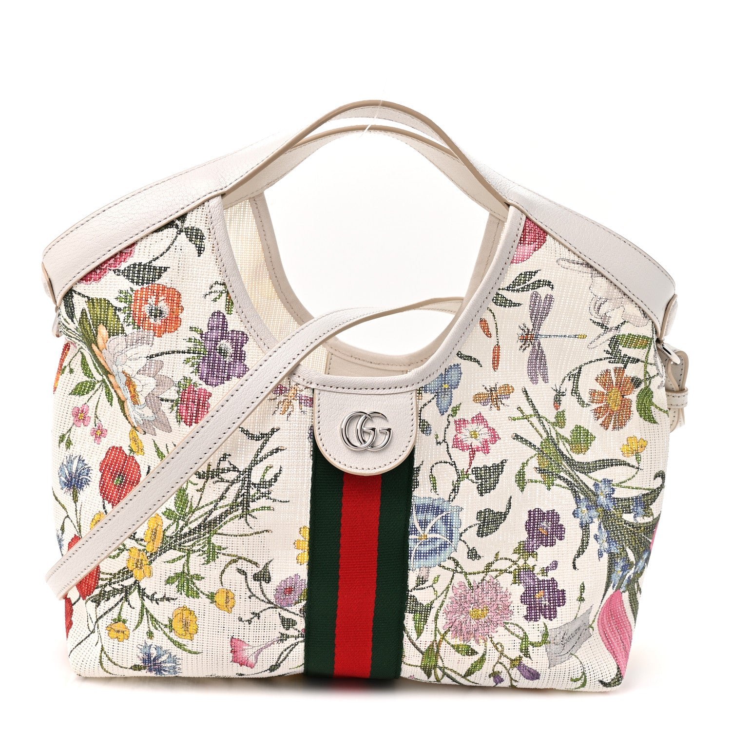 Gucci Net Calfskin Web Small Giglio Tote White Multicolor