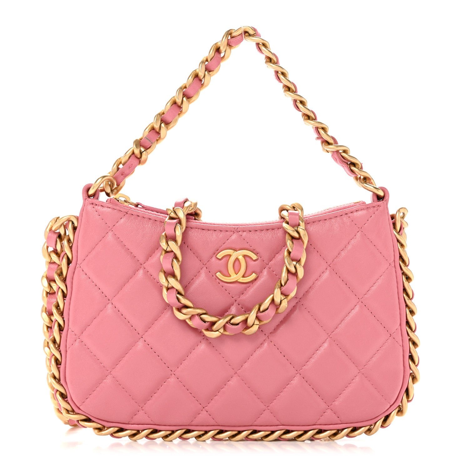 Chanel Lambskin Quilted Chain Around Top Handle Mini Bag Pink