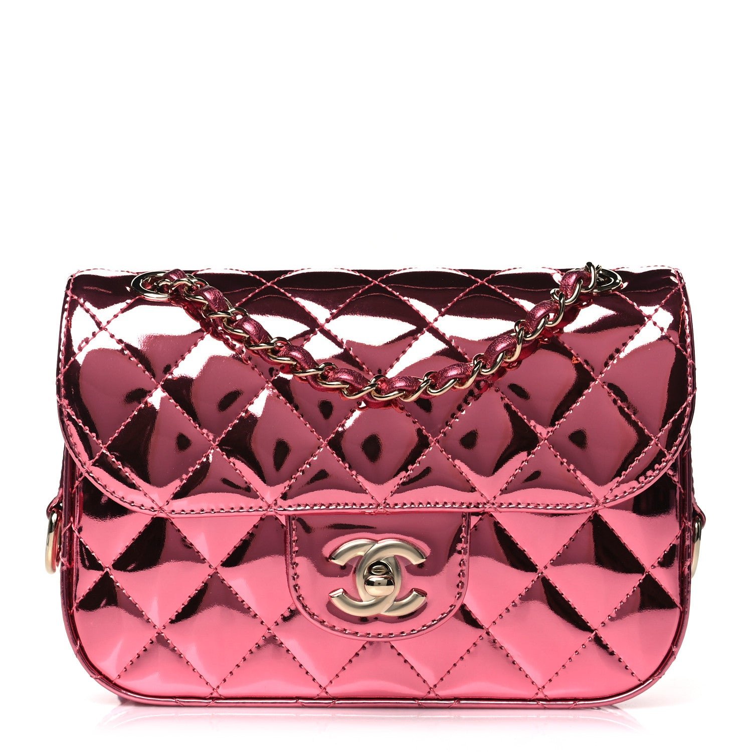 Chanel Mirror Calfskin Metallic Lambskin Quilted Hollywood Boulevard Mini Flap With Star Coin Purse Pink