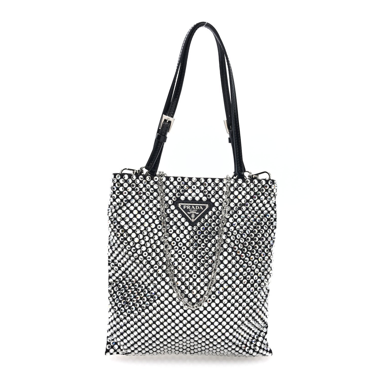Prada Satin Crystal Metal Triangle Logo Chain Crossbody Handbag Cristal