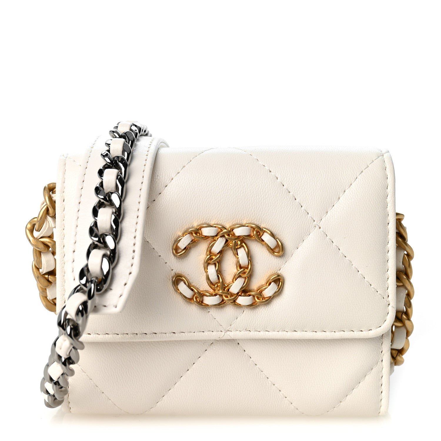 Chanel Lambskin Quilted Chanel 19 Flap Coin Purse With Chain White