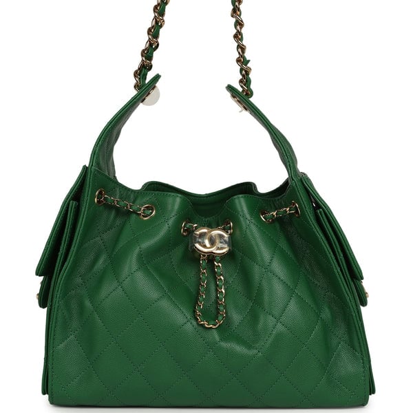 Chanel Small 25 Hobo Bag Green Caviar Gold Hardware