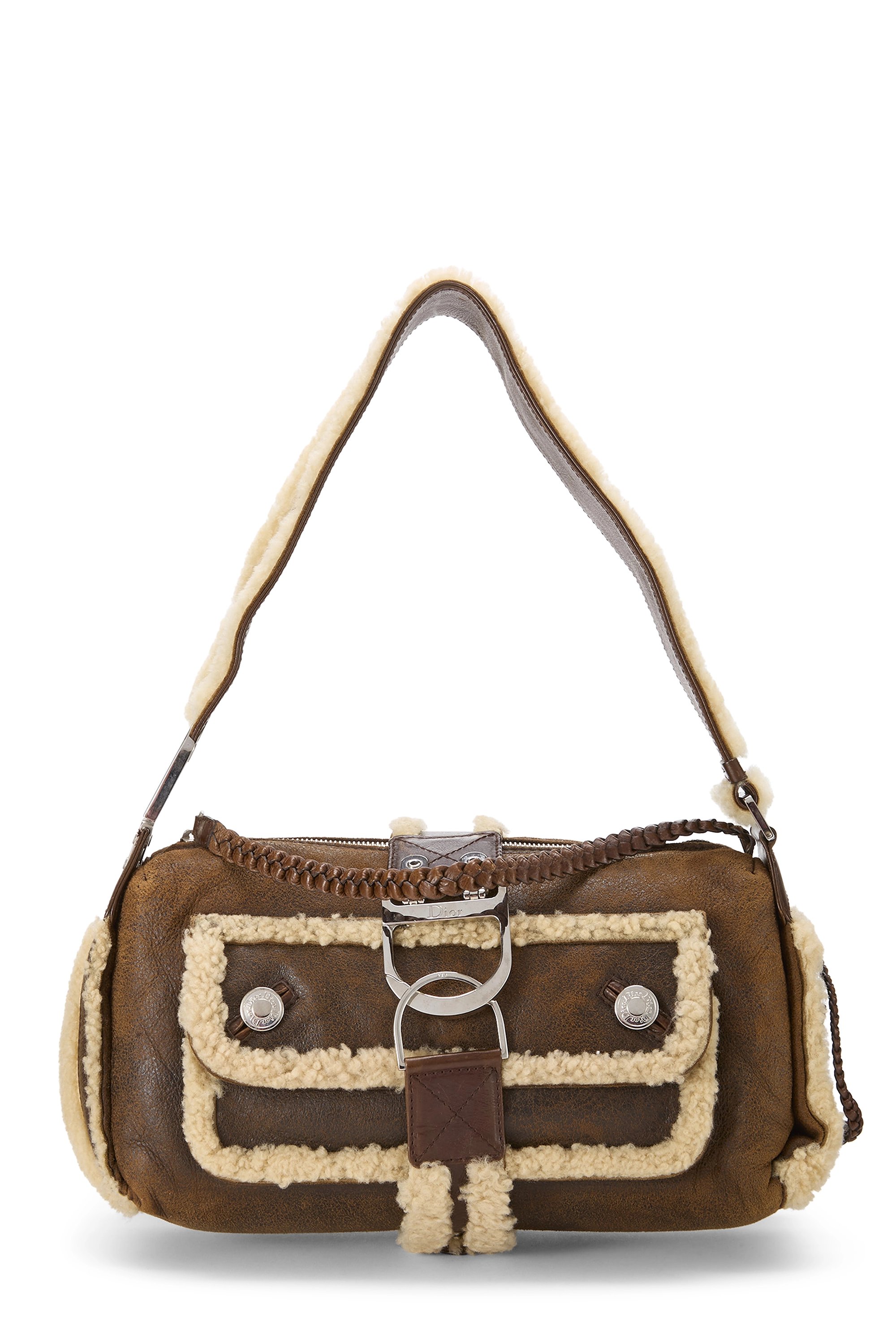 Brown Shearling Remove Before Flight Shoulder Bag