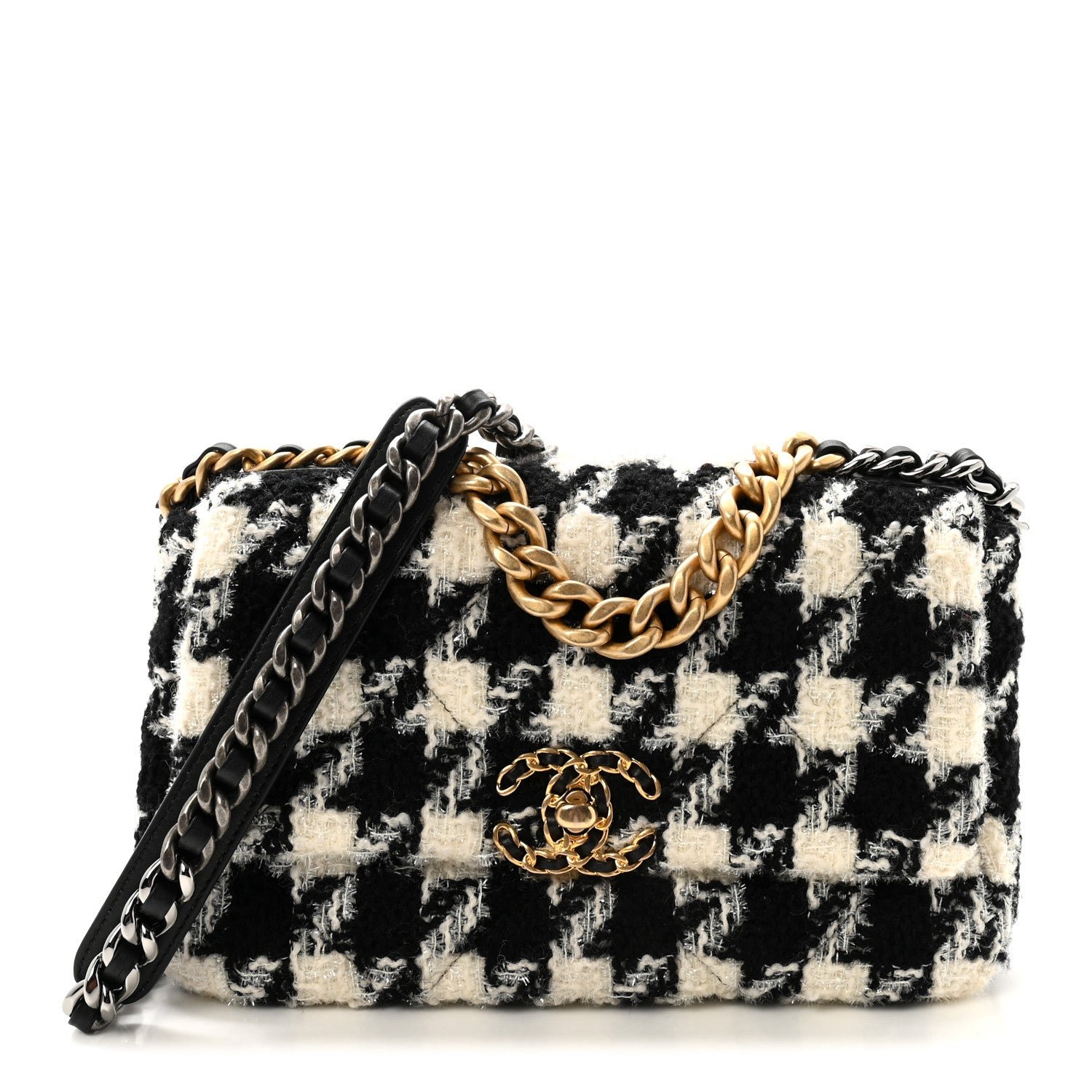 Chanel Tweed Quilted Medium Chanel 19 Flap Black Ecru White