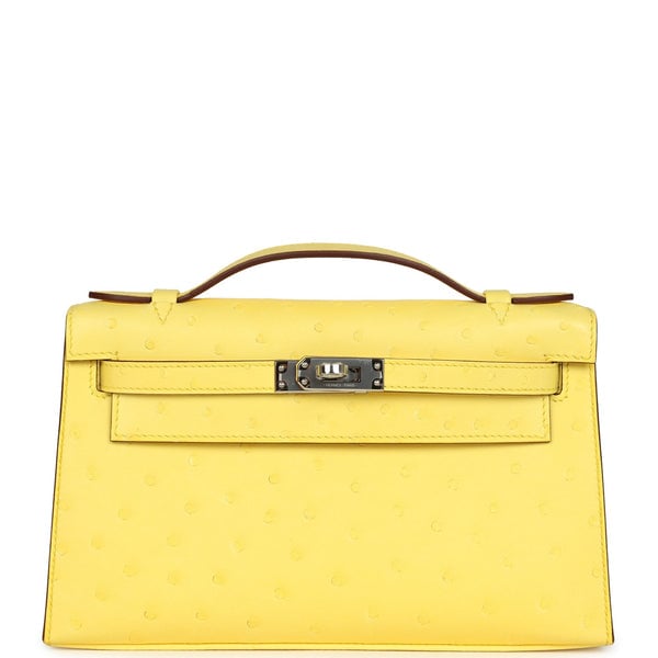 Hermes Hermes Kelly Pochette Jaune Citron Ostrich Palladium Hardware