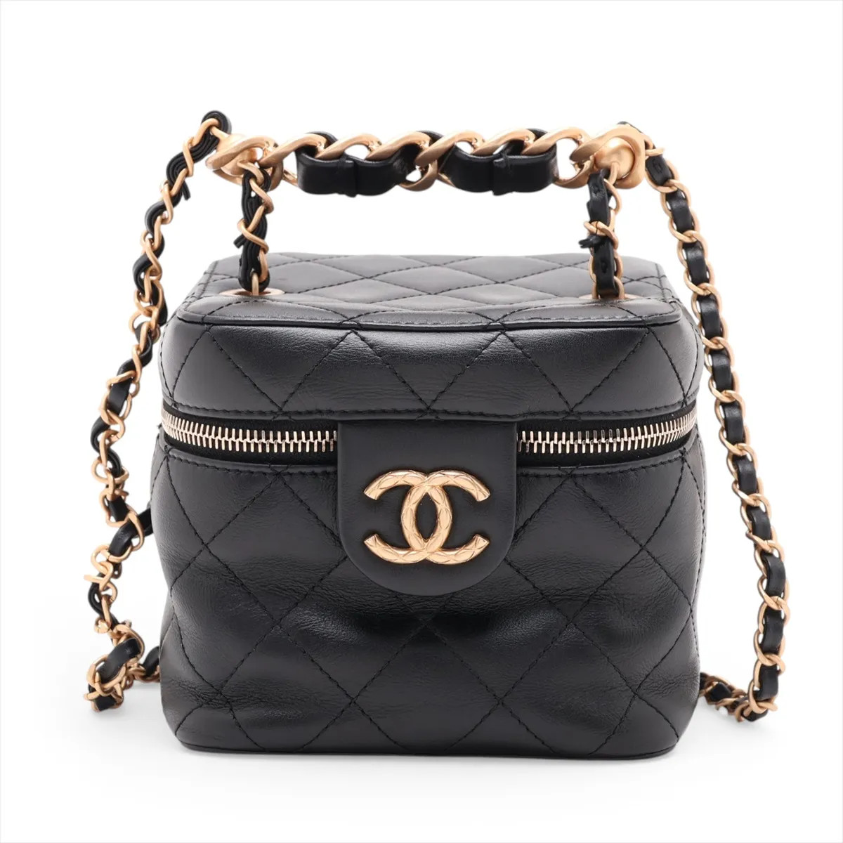 Chanel Matelasse Lambskin 2 Way Shoulder Bag Vanity Black Gold Metal Fittings ra