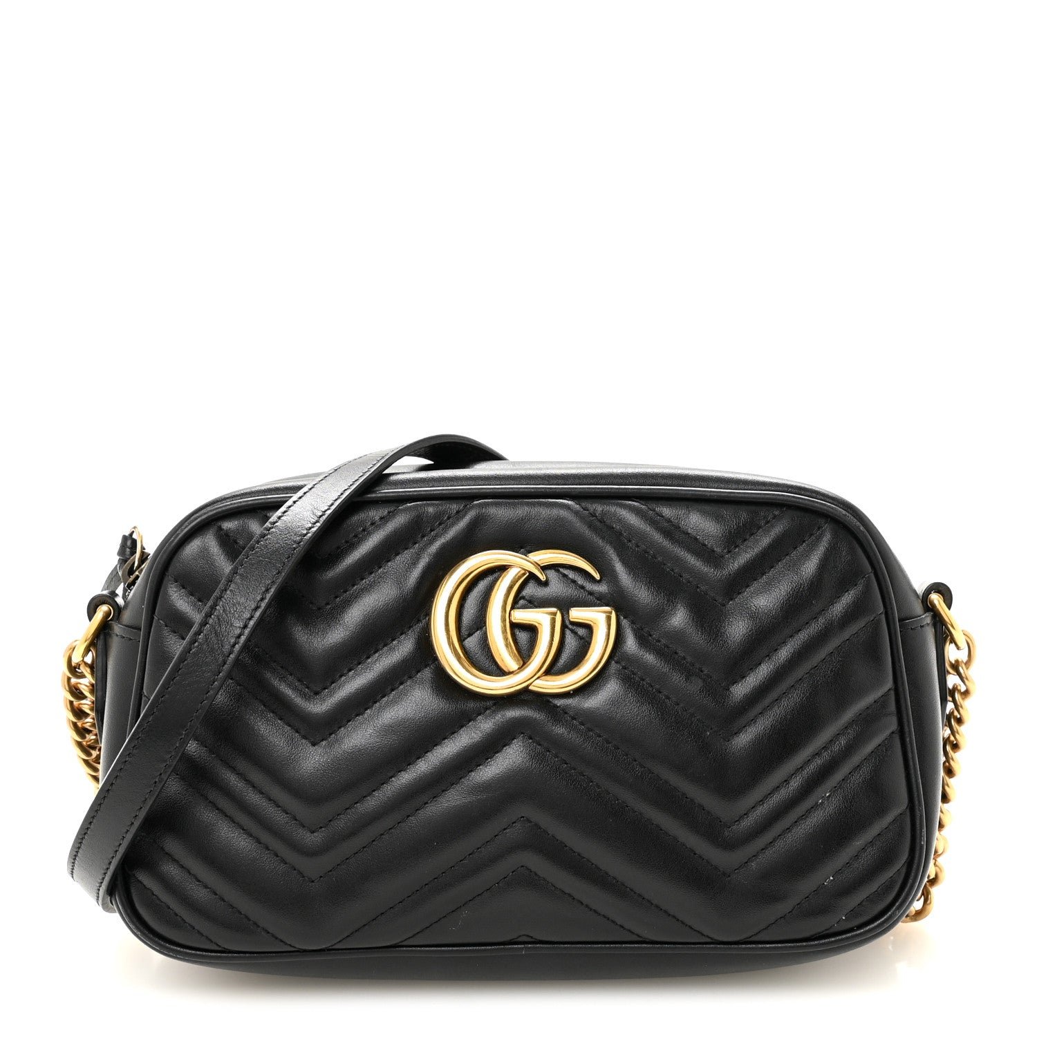 Gucci Calfskin Matelasse Small GG Marmont Chain Shoulder Bag Black