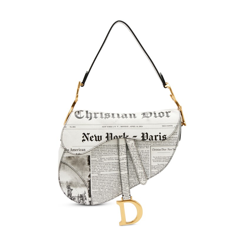 Black White Calfskin Newspaper Printed Saddle Bag Gold Hardware, 2024