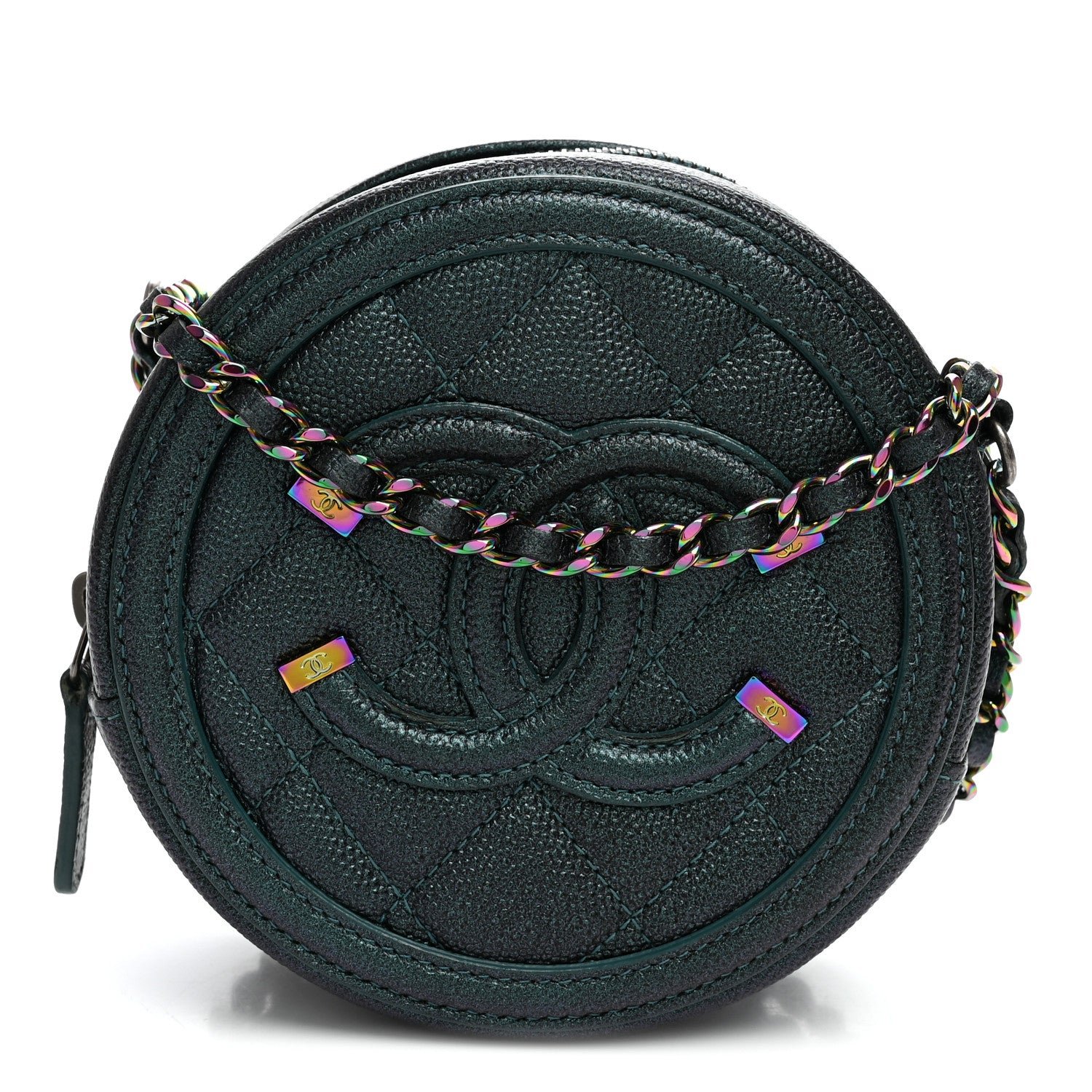 Iridescent Caviar Quilted Round Filigree Crossbody Dark Turquoise