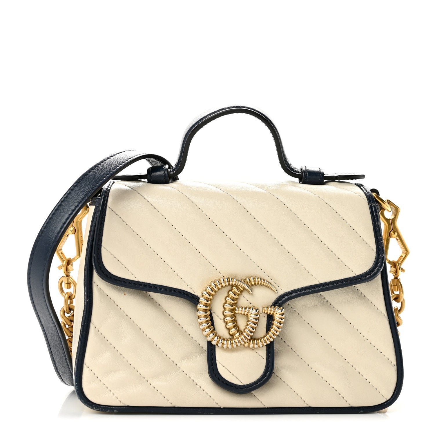 Gucci Vintage Effect Calfskin Matelasse Diagonal Mini Torchon GG Marmont Top Handle Shoulder Bag Mystic White Blue Agata