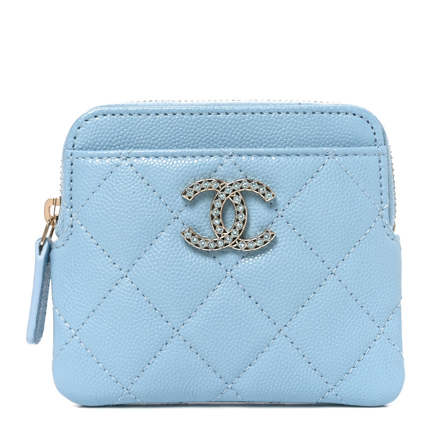 Chanel Caviar Quilted Crystal Zip Card Holder Wallet Light Blue