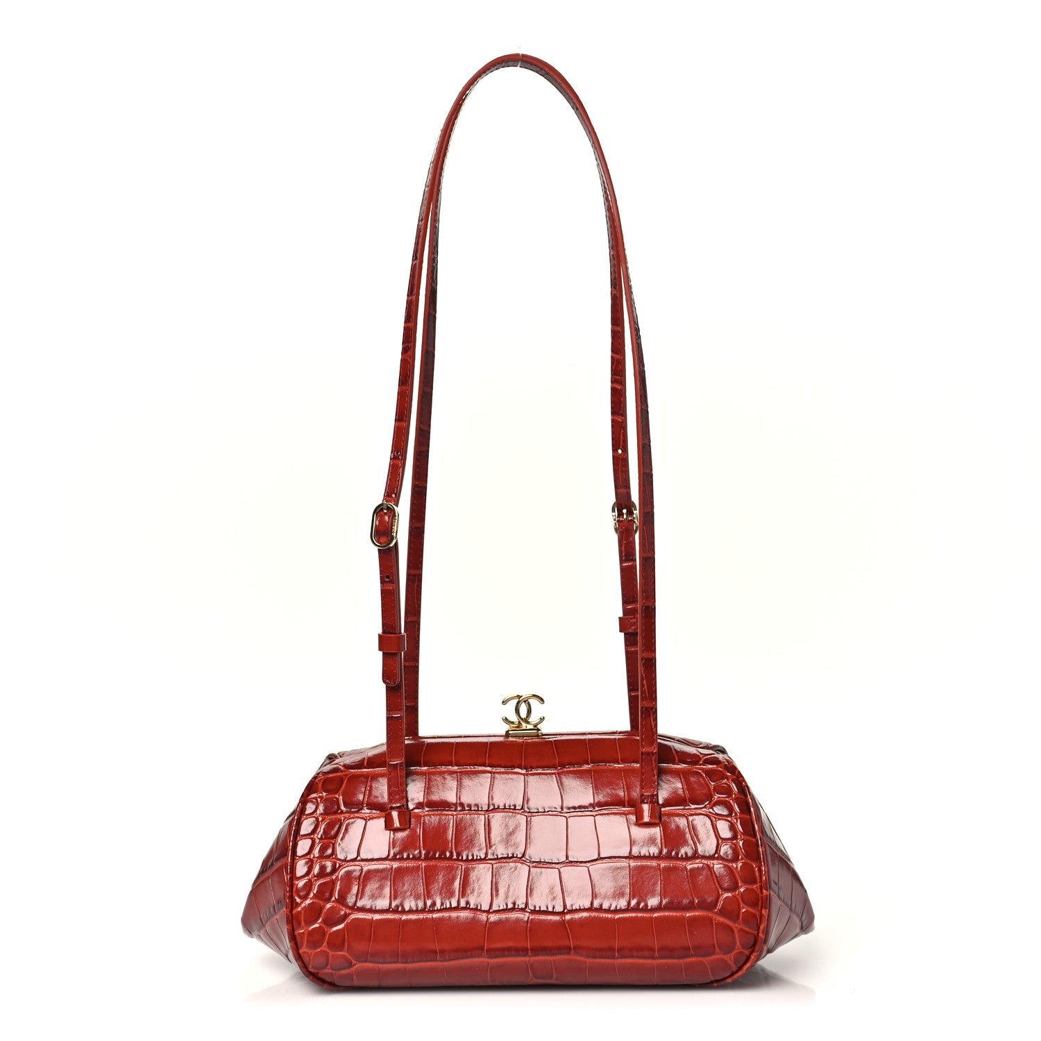 Chanel Calfskin Crocodile Embossed Pretty CC Clutch With Strap Bordeaux
