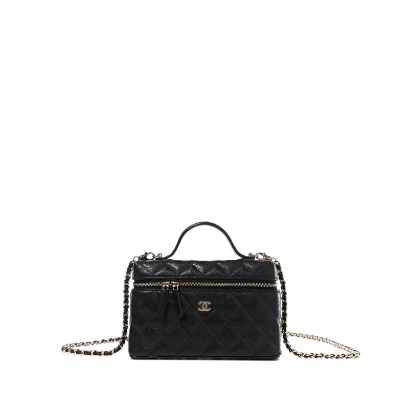 Chanel Black Quilted Caviar Top Handle Long Vanity Case with Chain Brushed Gold Hardware, 2025