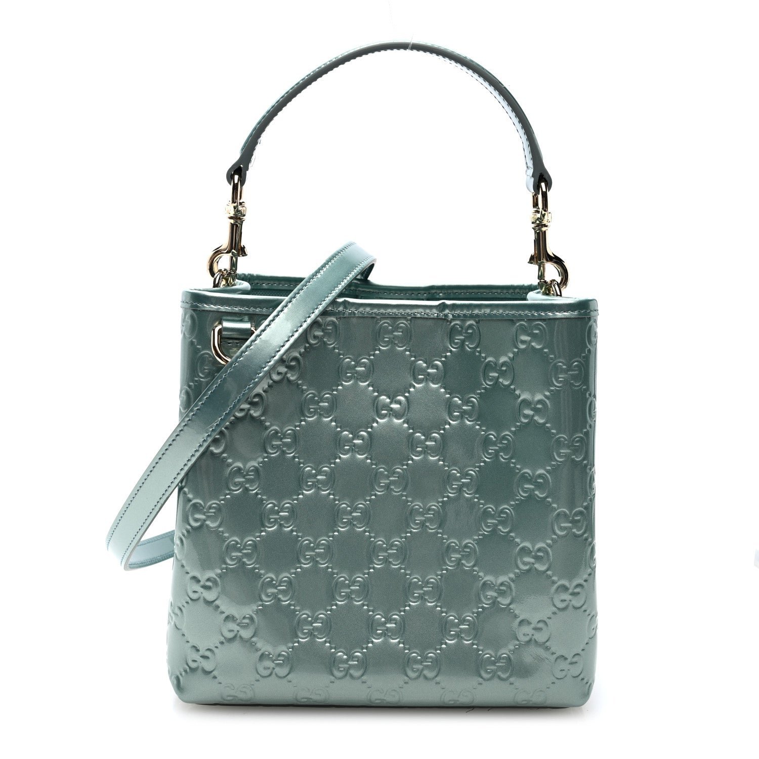 Gucci Patent GG Emblem Small Bucket Bag Light Blue