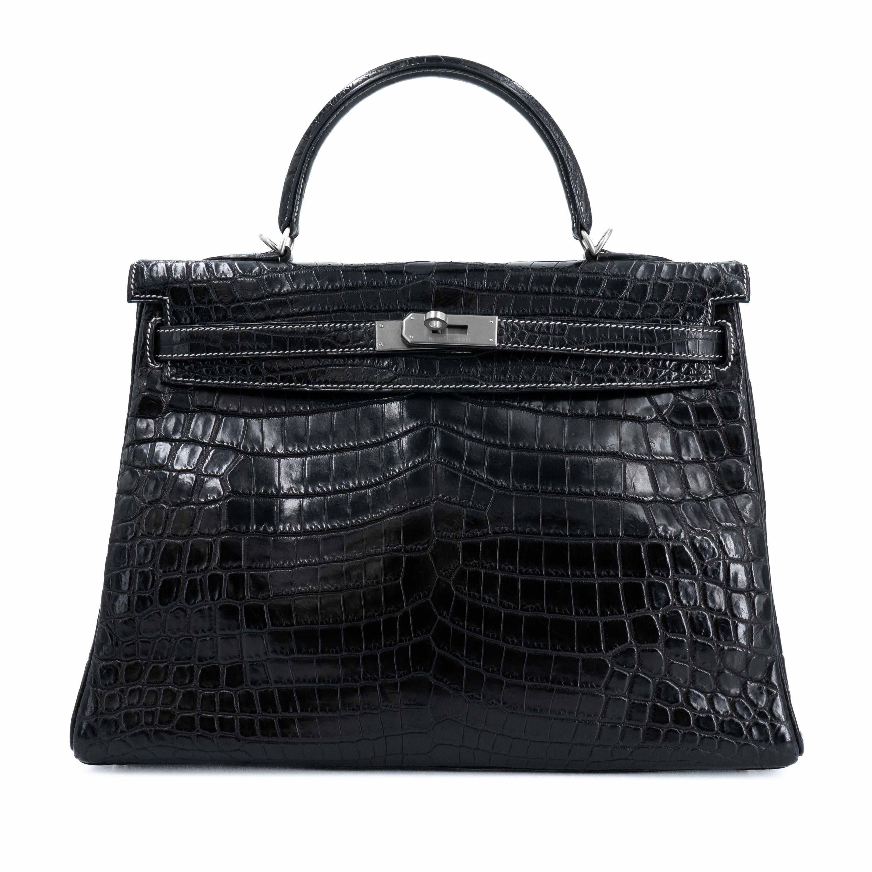 Hermes Very Good ( Rank A) HERMÈS Kelly 35 Noir (89) Matte Niloticus Crocodile Brushed Palladium Square G (2003)
