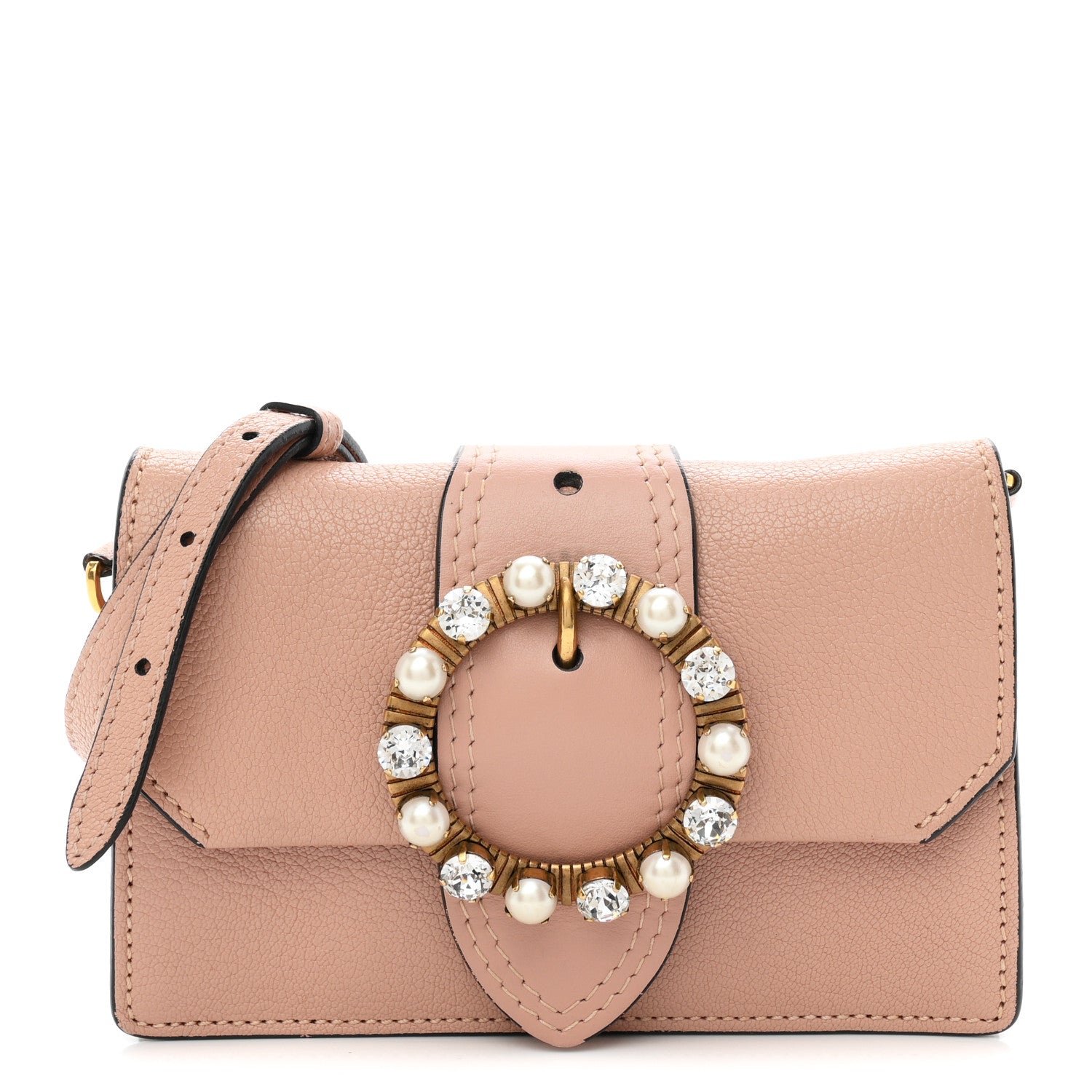 Miu Miu Goatskin Madras Soft Calfskin Crystal Pearl Embellished Shoulder Bag Orchidea