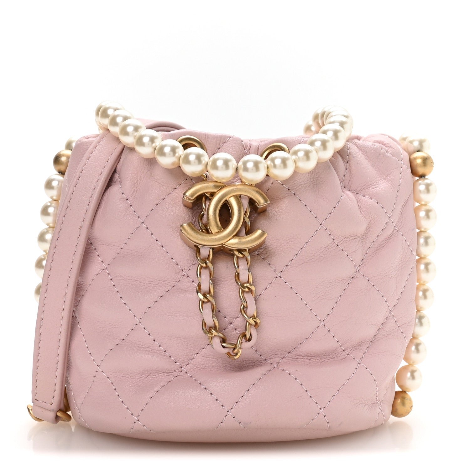 Chanel Calfskin Quilted Pearl Mini About Pearls Drawstring Bucket Light Pink