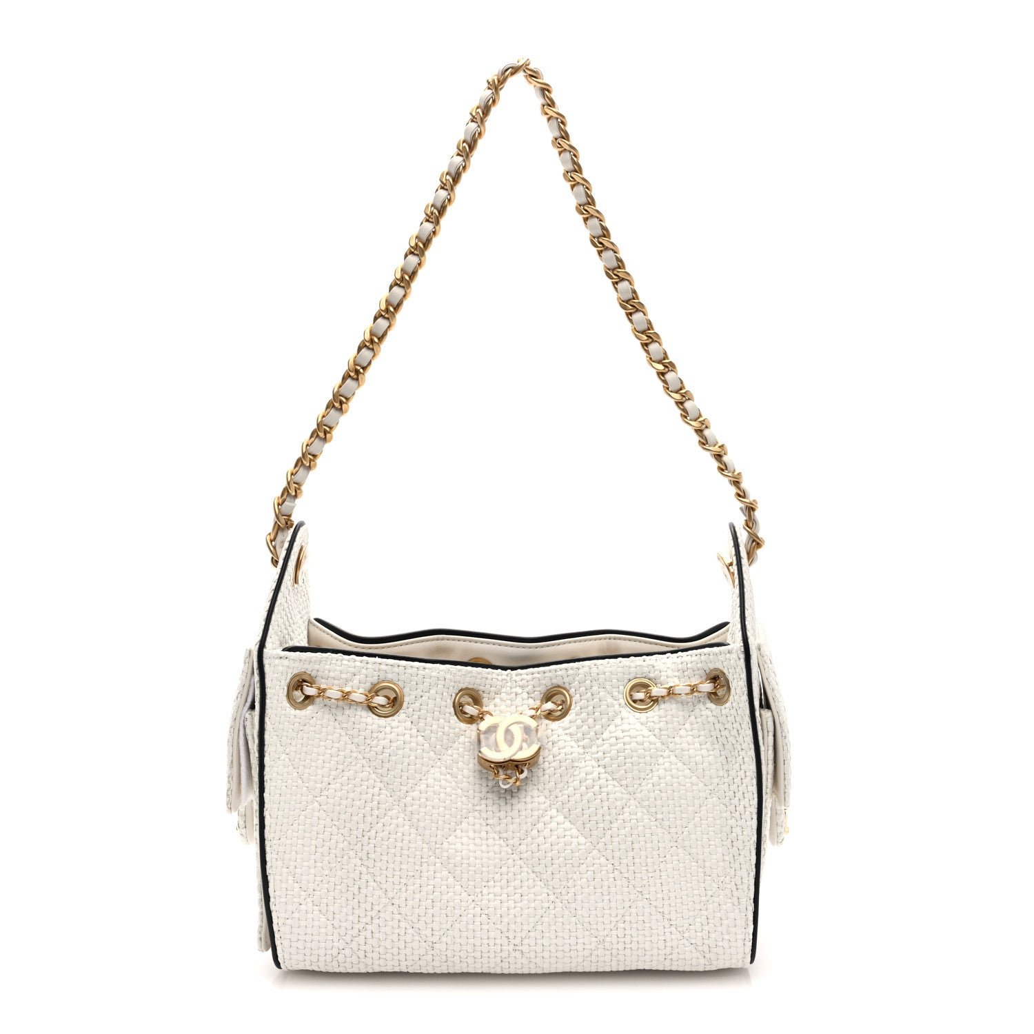 Chanel Braided Raffia Calfskin Mini Chanel 25 Handbag White Black