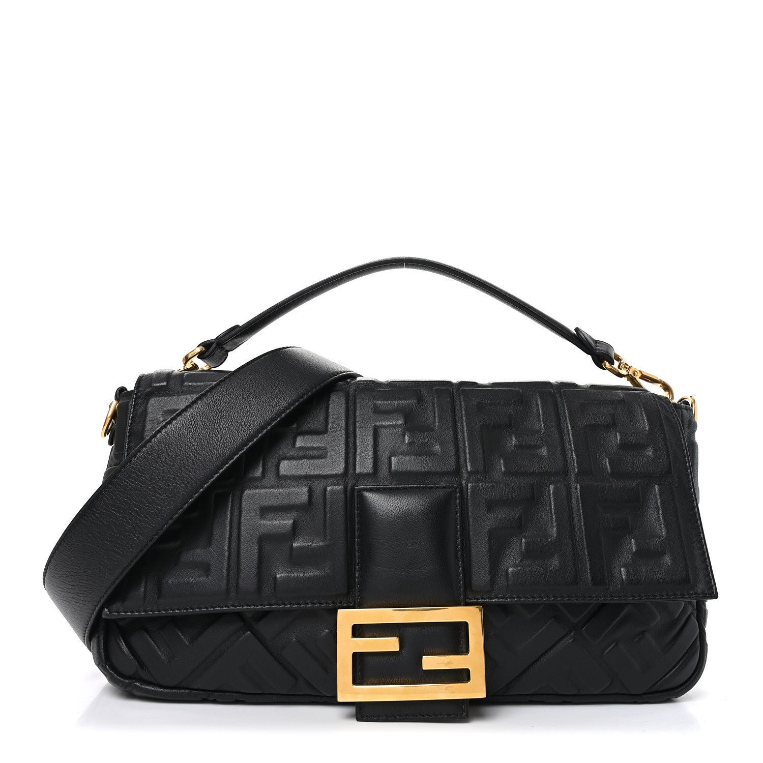 Fendi Fendi Nappa FF 1974 Embossed Large Baguette Black