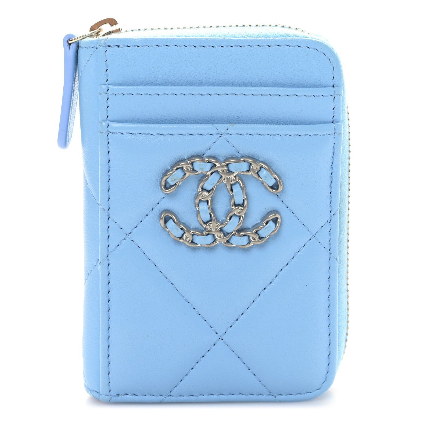 Chanel Lambskin Quilted Chanel 19 Vertical Zip Card Holder Wallet Light Blue