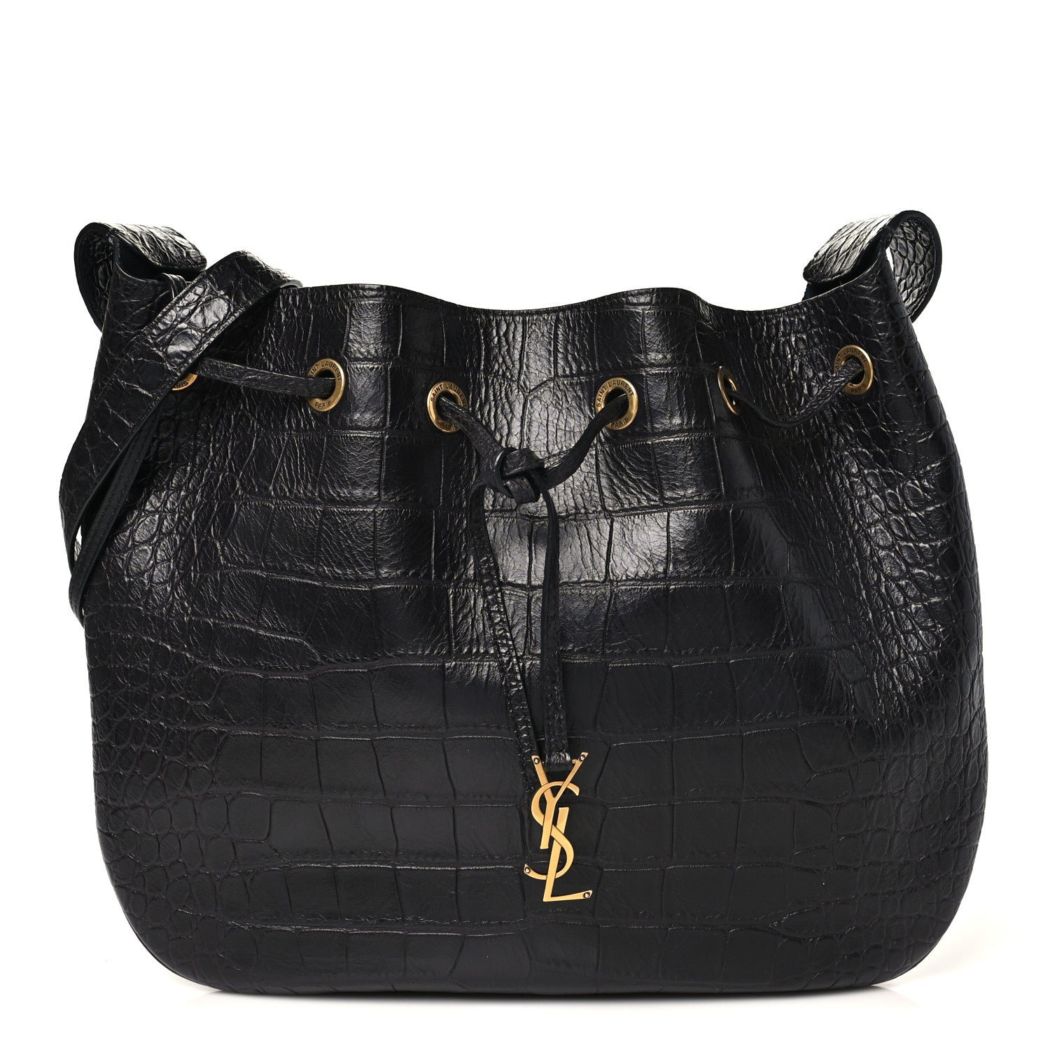 Saint Laurent Calfskin Crocodile Embossed Paris VII Large Flat Hobo Black
