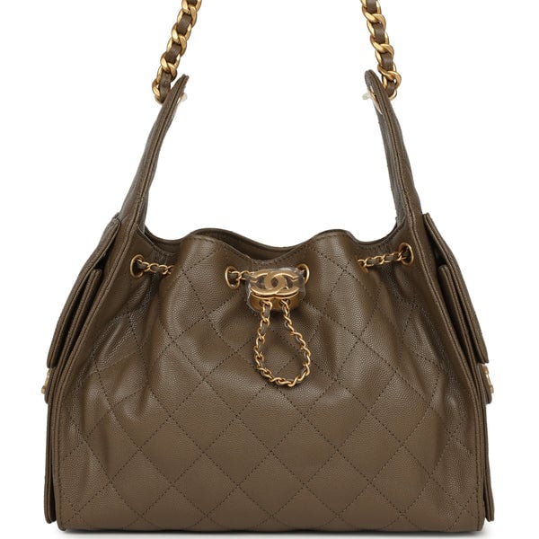 Chanel Small 25 Hobo Bag Dark Khaki Caviar Antique Gold Hardware