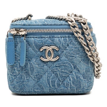 Mini Quilted Denim Camellia Sweetheart Vanity Case With Chain