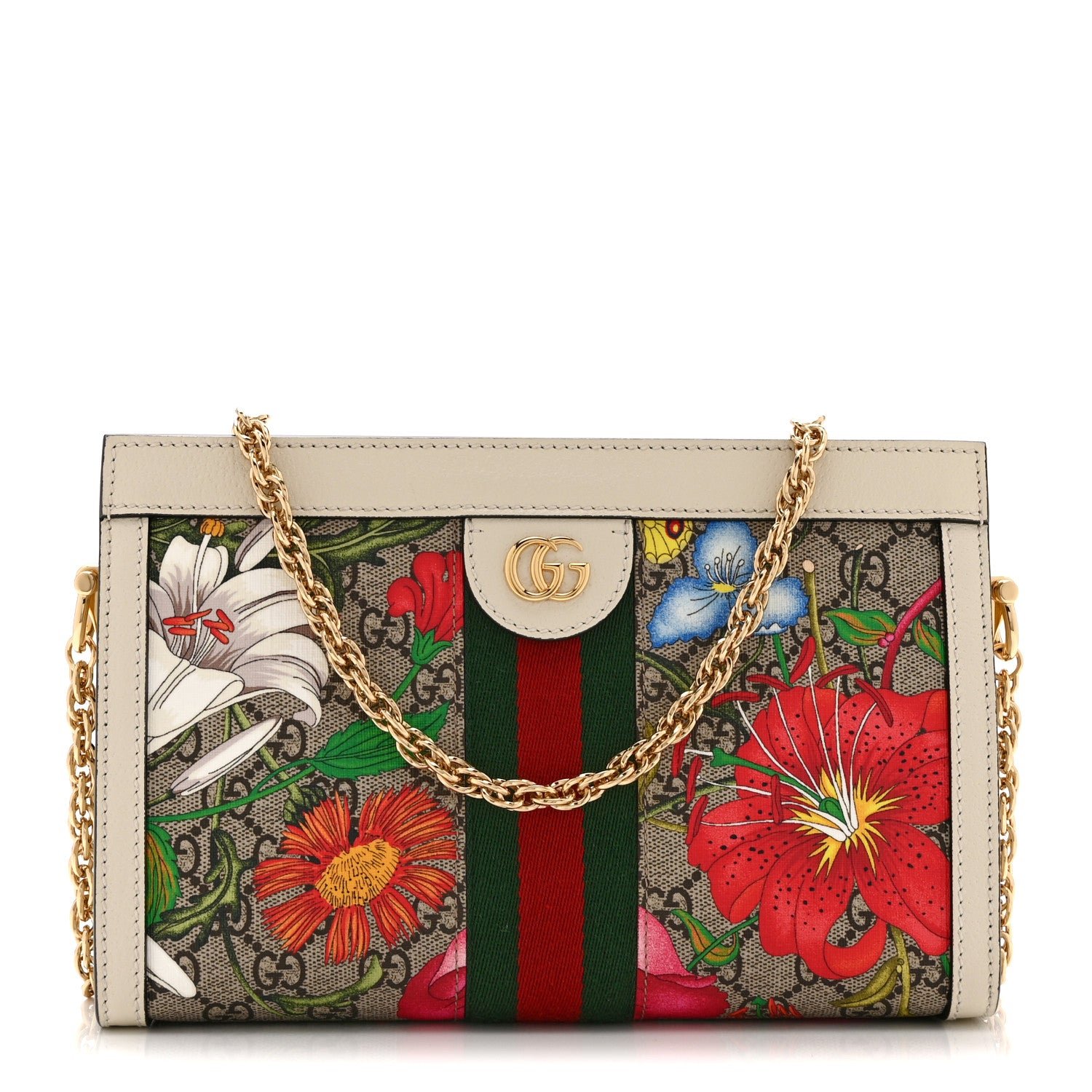 Gucci GG Supreme Monogram Flora Web Small Ophidia Chain Shoulder Bag White