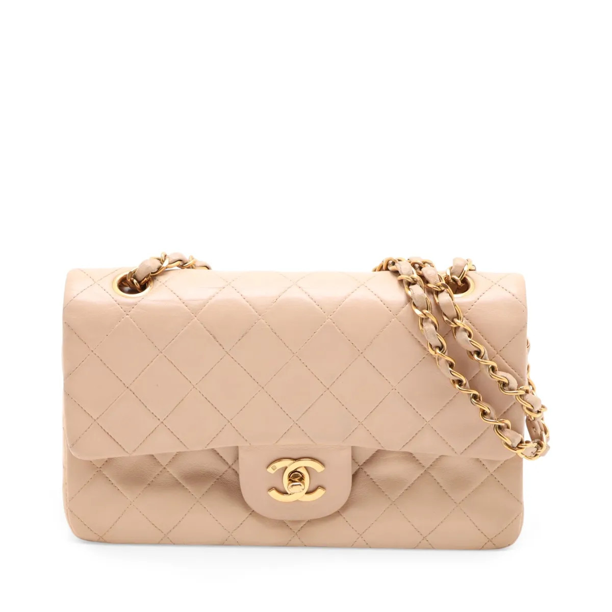Chanel Matelasse 23 Lambskin Double Flap Double Chain Bag Beige Gold Metal Fitti