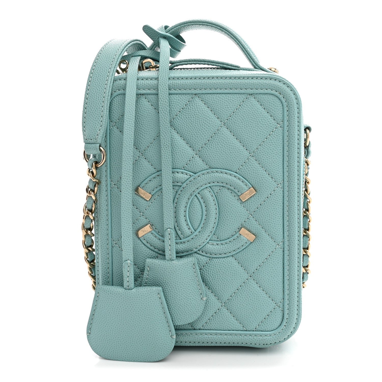 Chanel Caviar Quilted CC North South Filigree Vanity Case Light Blue