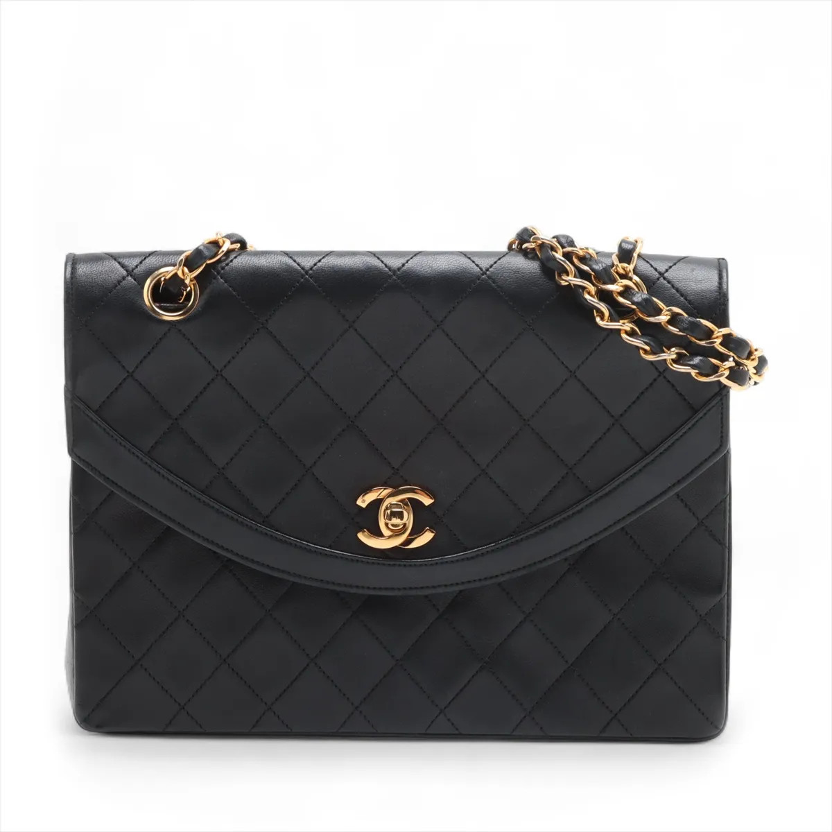 Chanel Matelasse Lambskin Single Flap Double Chain Bag Black Gold Metal Fittings