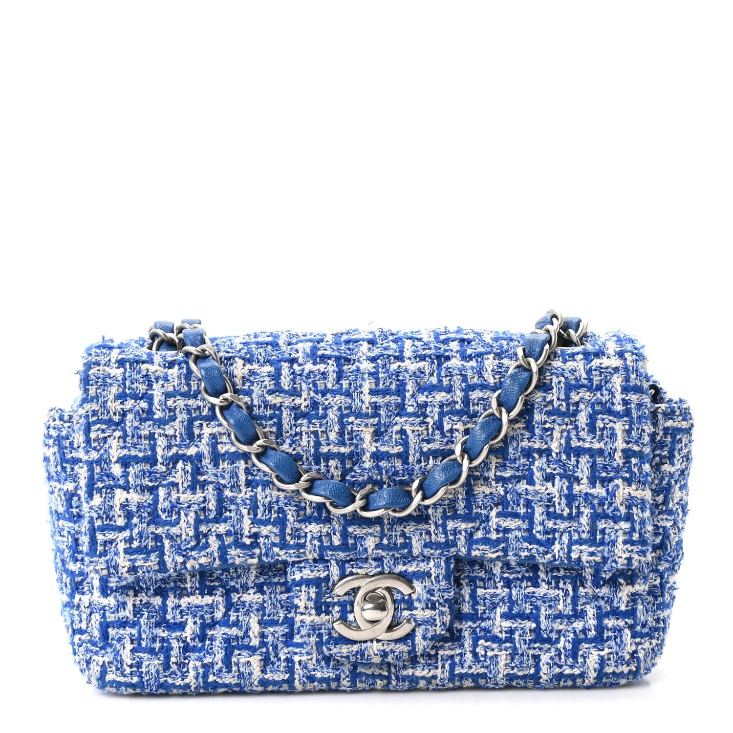 Chanel Tweed Quilted Mini Rectangular Flap Blue White