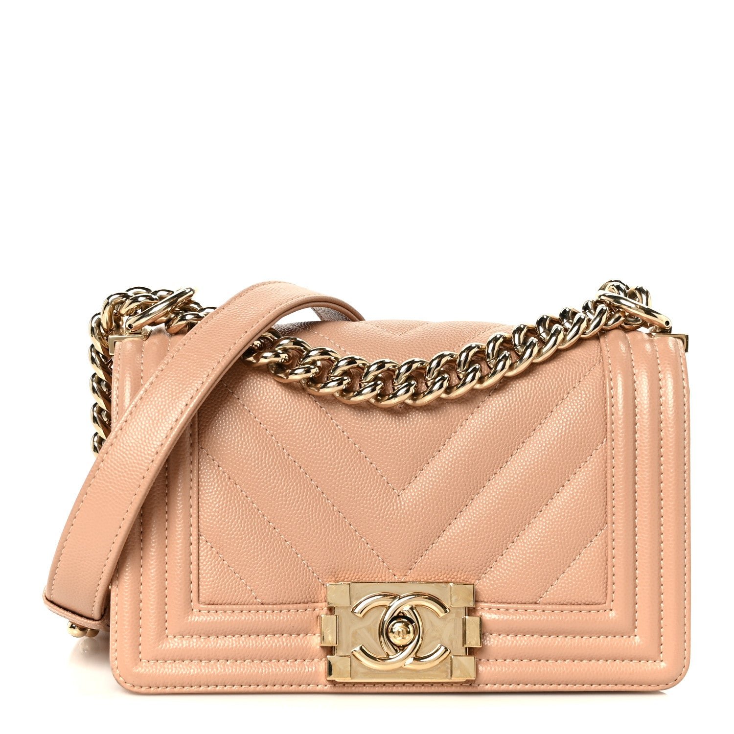 Chanel Caviar Chevron Quilted Small Boy Flap Dark Beige