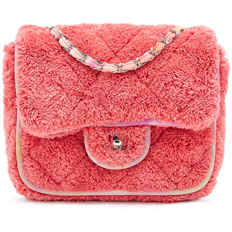 Pink Quilted Terry Cloth Mixed Fibers Single Small Flap Bag Silver Hardware, 2021