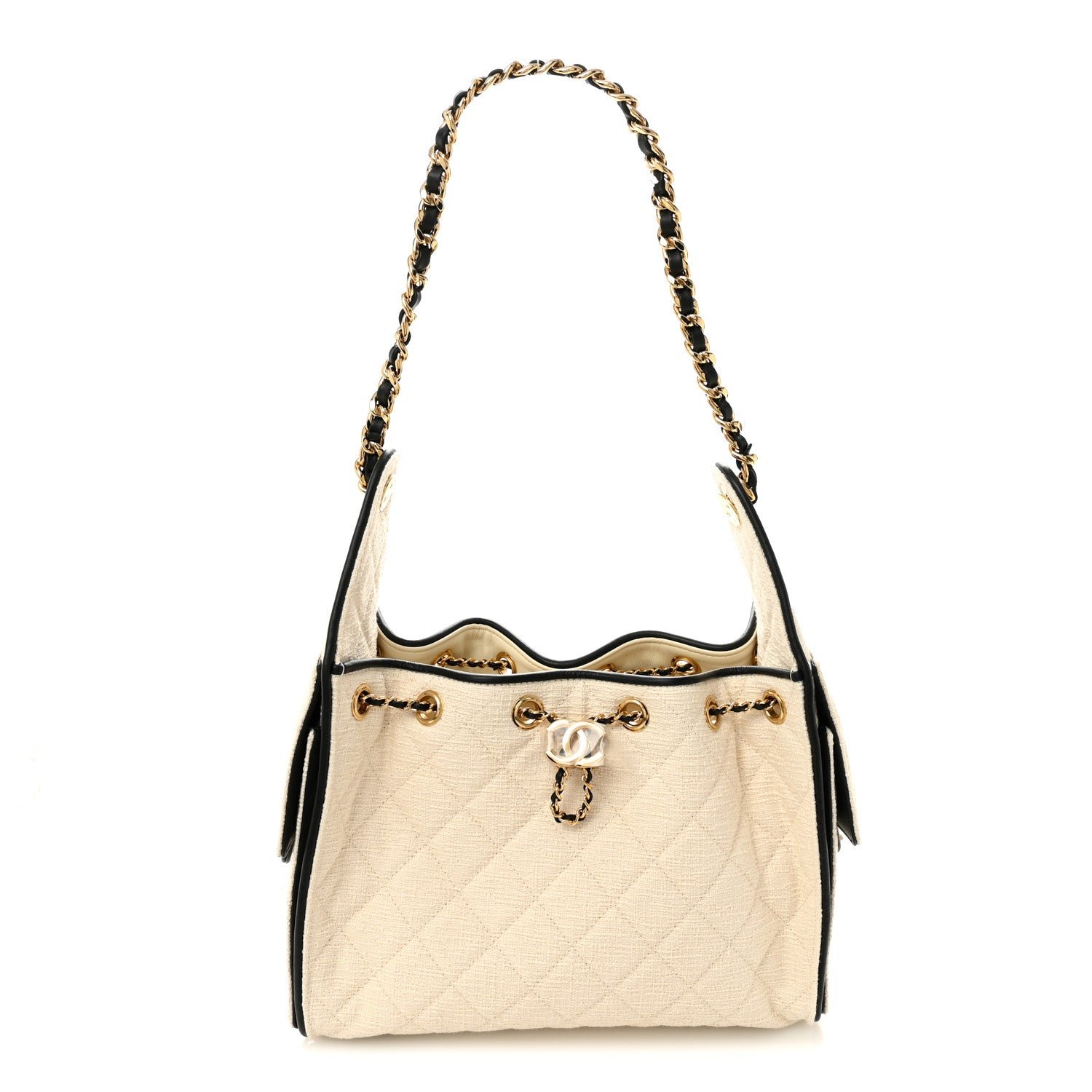Chanel Canvas Calfskin Quilted Small Chanel 25 Handbag Ecru Black