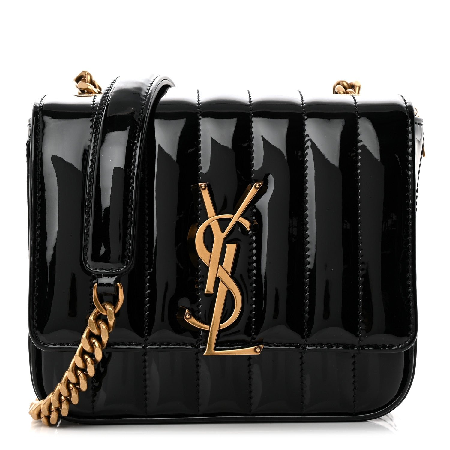 Saint Laurent Patent Calfskin Matelasse Monogram Small Vicky Chain Bag Black