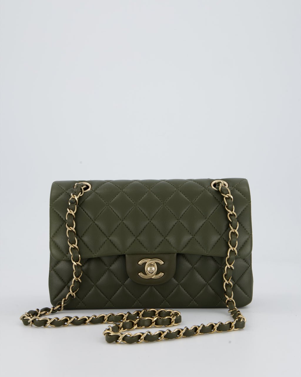 *HOT* Chanel Olive Green Small Classic Double Flap Bag in Lambskin Leather with Champagne Gold Hardware